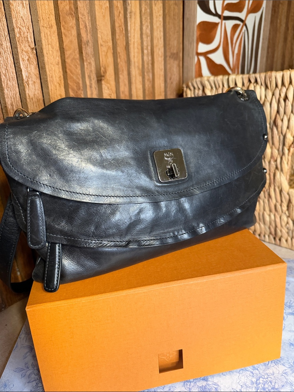 MCM Black Leather Shoulder Bag with Silver Hardware